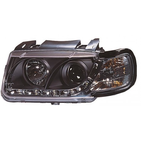 Set fari fanali proiettori anteriori TUNING VW POLO 6N 1994-1999 neri con luci diurne LED DRL DAYLINE